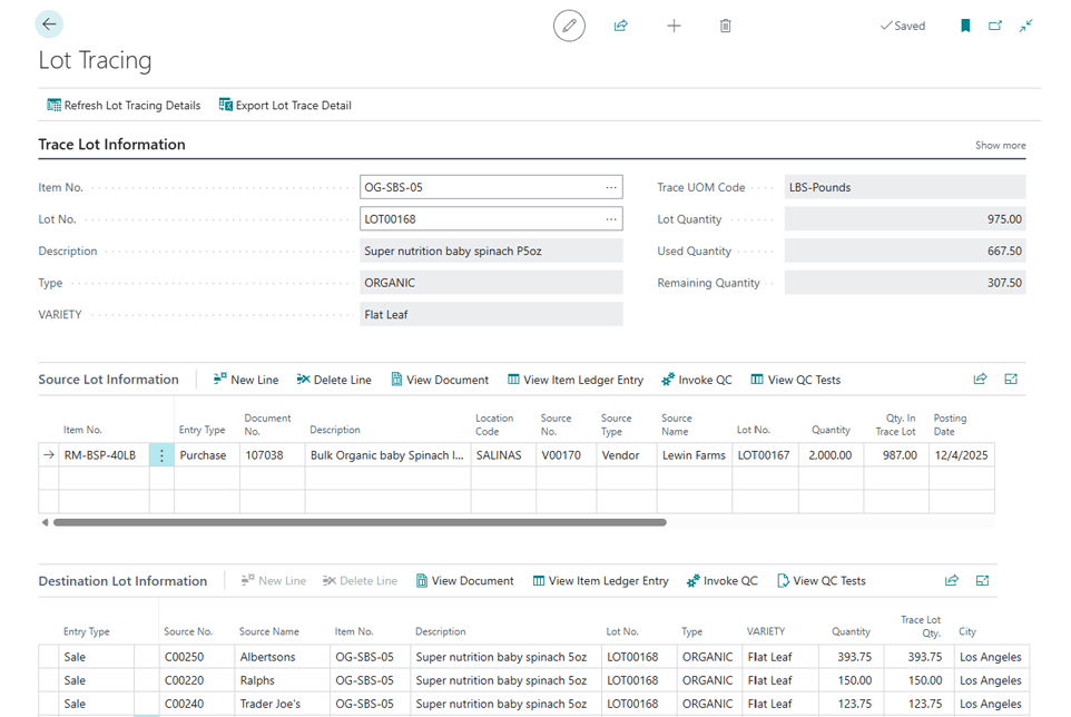 inecta lot tracing screen showing forward and backward traceability